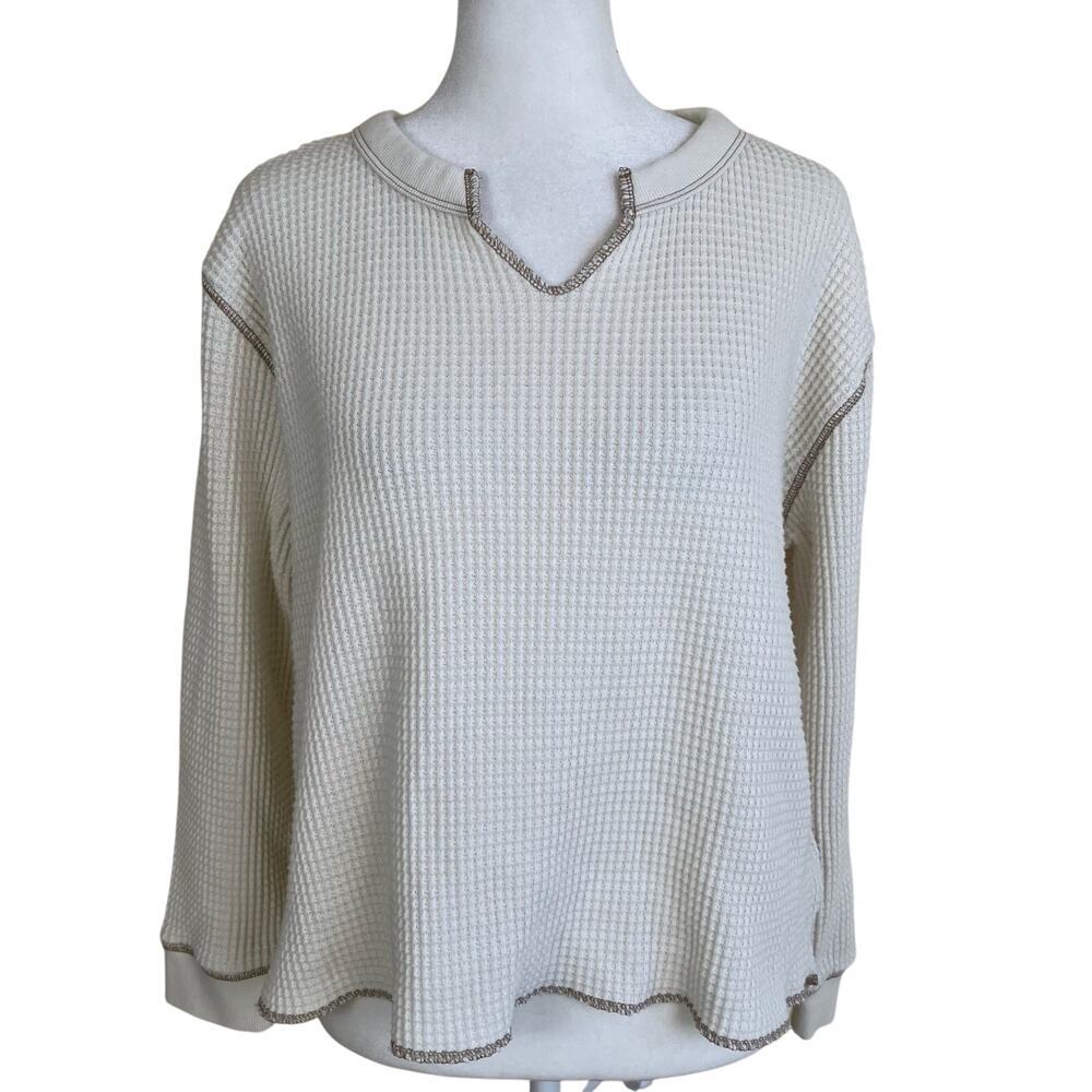 Madewell Sz M Boxy Cropped Waffle Knit Split Neck Long Sleeve Tee Antique Cream - Picture 3 of 16